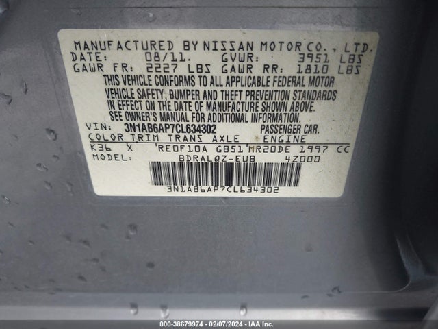 2012 NISSAN SENTRA 2.0 VIN: 3N1AB6AP7CL634302