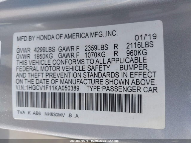Honda ACCORD LX 2019 1HGCV1F11KA050389 Image 9