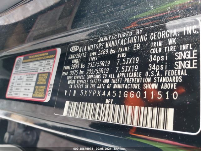 5XYPK4A51GG011510 KIA Sorento 3.3l Sxl