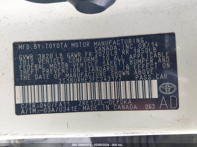 2015 TOYOTA COROLLA L VIN: 2T1BURHE2FC243177