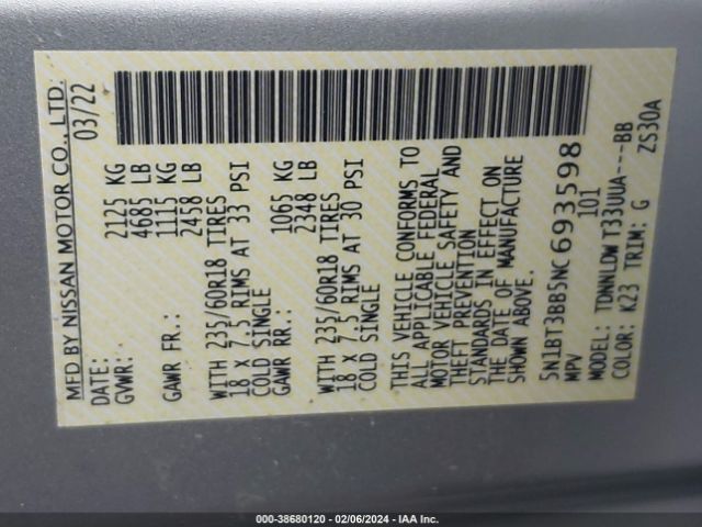 5N1BT3BB5NC693598 Nissan Rogue Sv Intelligent Awd