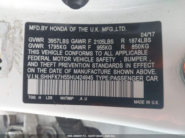 SHHFK7H55HU424945 Honda CIVIC EX