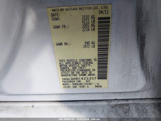 2015 NISSAN ALTIMA 2.5 SV VIN: 1N4AL3AP8FC425357