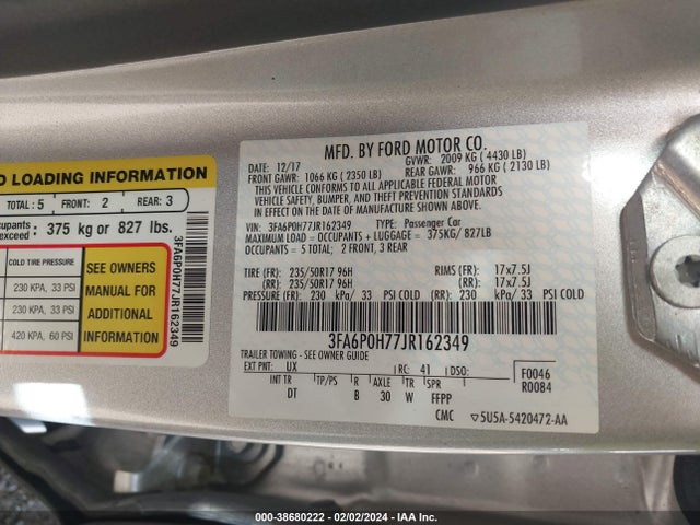 Ford FUSION SE 2018 3FA6P0H77JR162349 Image 9