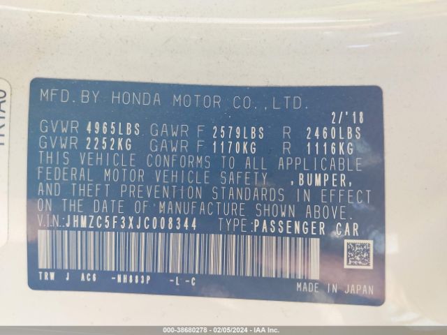 JHMZC5F3XJC008344 Honda Clarity Plug-in Hybrid Touring