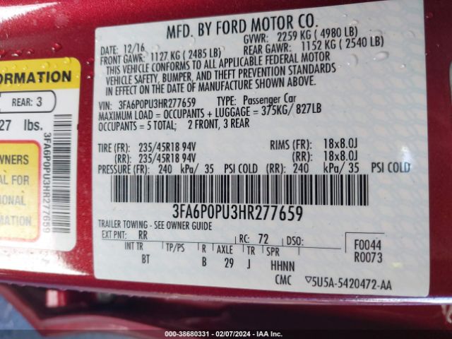 3FA6P0PU3HR277659 Ford Fusion Energi Se Luxury