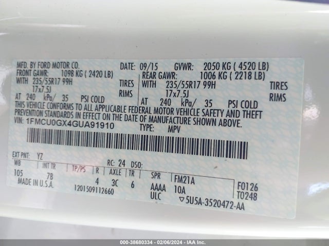 2016 FORD ESCAPE SE VIN: 1FMCU0GX4GUA91910