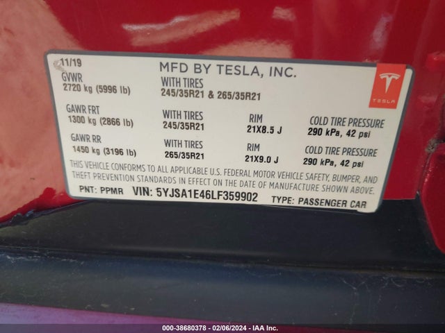 Tesla Model S Performance Dual Motor All-wheel Drive 2020 5YJSA1E46LF359902 Image 9