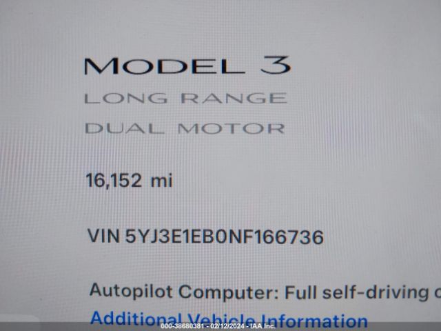 5YJ3E1EB0NF166736 Tesla Model 3 Long Range Dual Motor All-wheel Drive