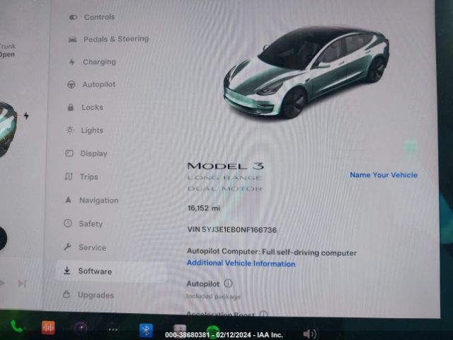 5YJ3E1EB0NF166736 Tesla Model 3 Long Range Dual Motor All-wheel Drive