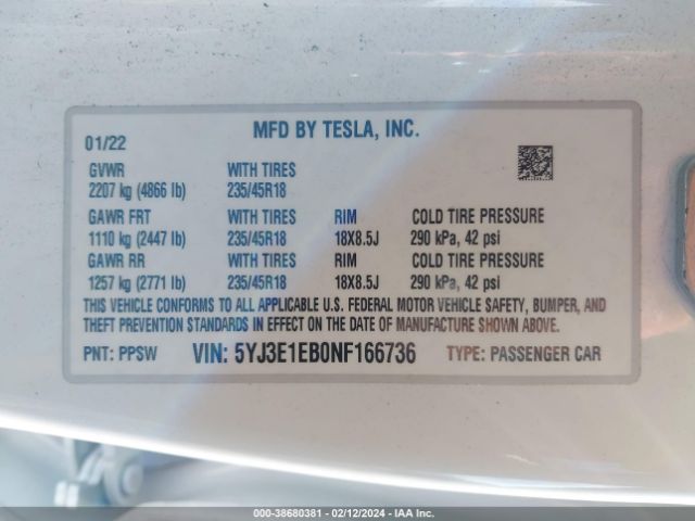 5YJ3E1EB0NF166736 Tesla Model 3 Long Range Dual Motor All-wheel Drive