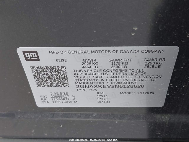 2022 CHEVROLET EQUINOX FWD LT VIN: 2GNAXKEV2N6128620
