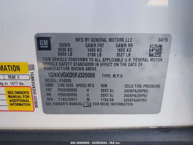 Chevrolet Traverse 1lt 2015 1GNKVGKD5FJ329080 Image 9