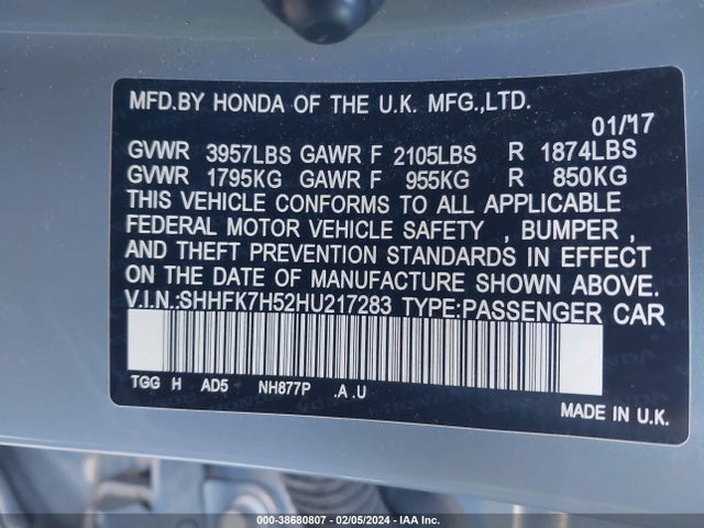 Honda CIVIC EX 2017 SHHFK7H52HU217283 Image 9