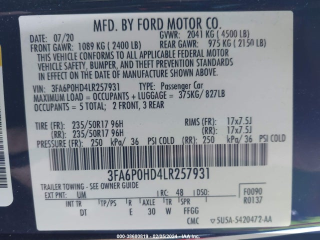Ford FUSION SE 2020 3FA6P0HD4LR257931 Image 9