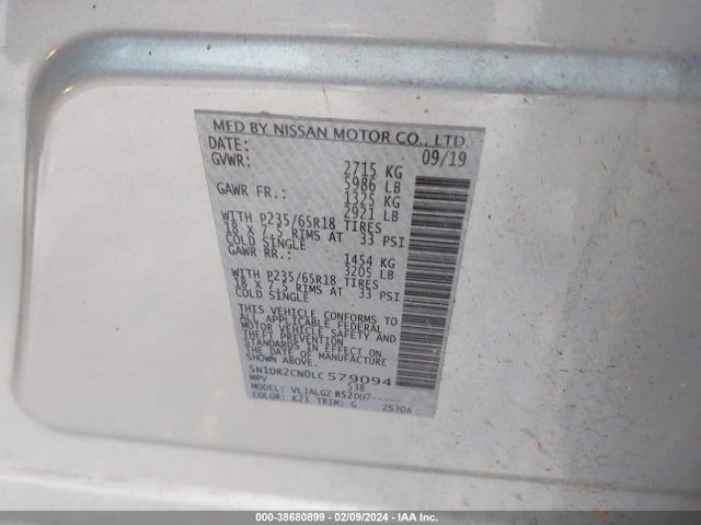 Nissan Pathfinder Sl 2wd 2020 5N1DR2CN0LC579094 Image 9