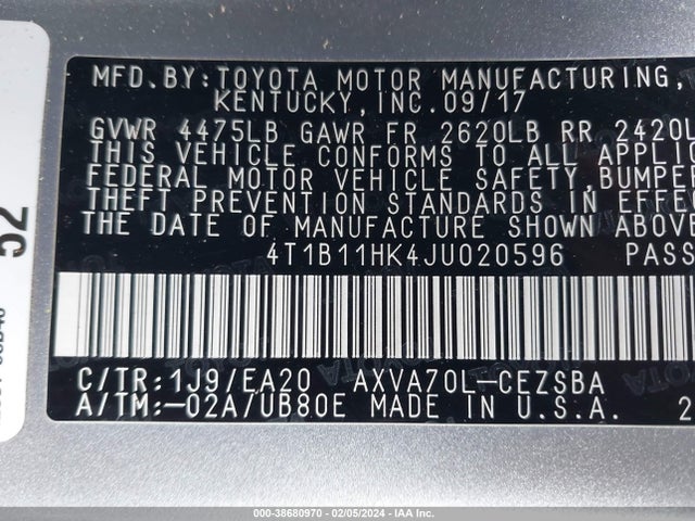 Toyota CAMRY SE 2018 4T1B11HK4JU020596 Image 9