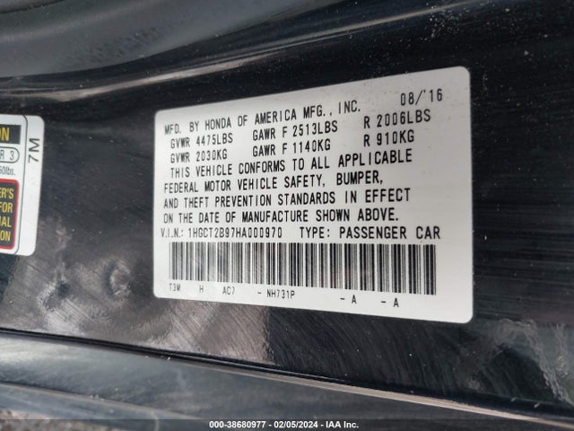 Honda Accord Ex-l V6 2017 1HGCT2B97HA000970 Image 9