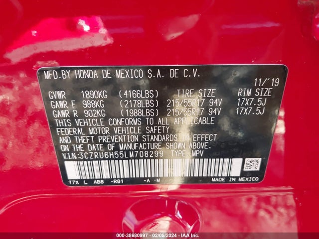 Honda Hr-v Awd Ex 2020 3CZRU6H55LM708299 Image 9