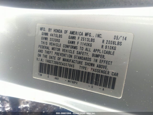 Honda Accord Ex-l V-6 2014 1HGCT2B86EA007945 Image 9