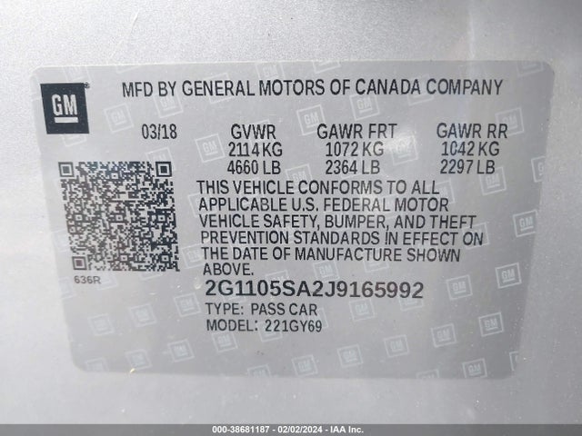 Chevrolet IMPALA 1LT 2018 2G1105SA2J9165992 Image 9