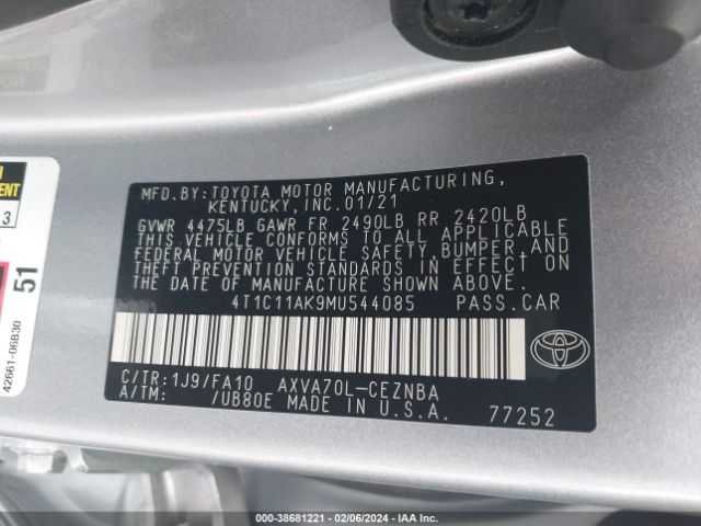 4T1C11AK9MU544085 Toyota CAMRY LE