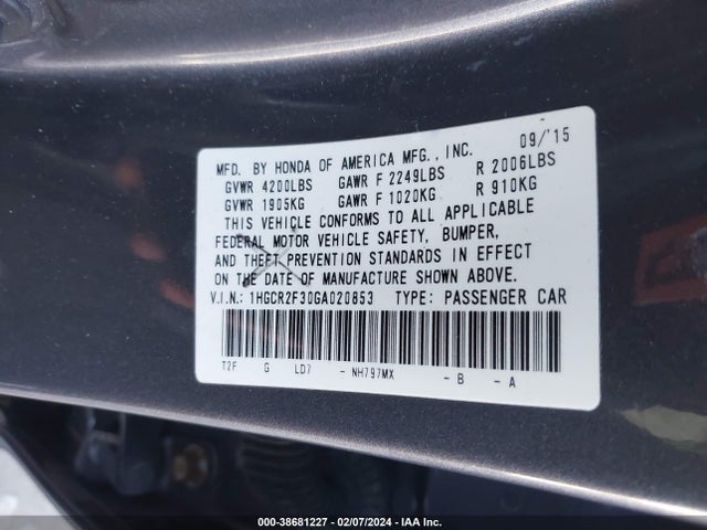 Honda ACCORD LX 2016 1HGCR2F30GA020853 Image 9