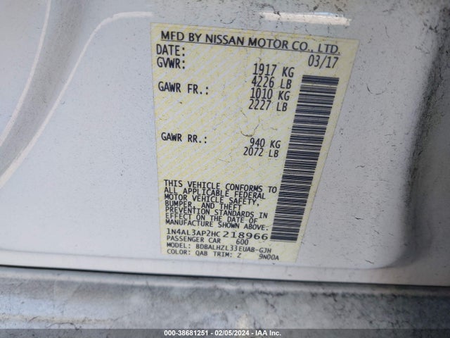 2017 NISSAN ALTIMA 2.5 SR VIN: 1N4AL3AP2HC218966