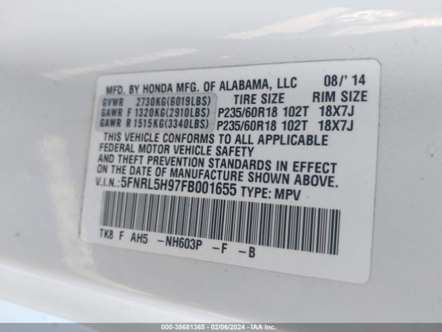 5FNRL5H97FB001655 Honda Odyssey Touring/touring Elite