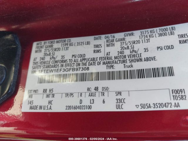 1FTEW1EF3GFB97308 Ford F-150 Lariat