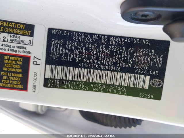Toyota CAMRY SE 2017 4T1BF1FK0HU619476 Image 9
