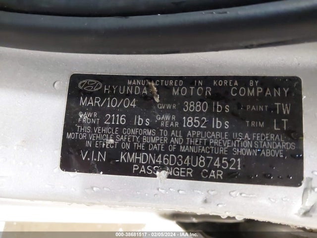 2004 HYUNDAI ELANTRA GLS/GT VIN: KMHDN46D34U874521