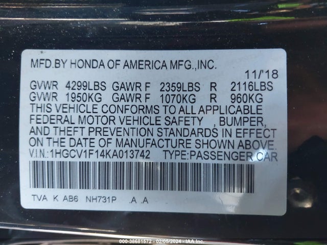 Honda ACCORD LX 2019 1HGCV1F14KA013742 Image 9