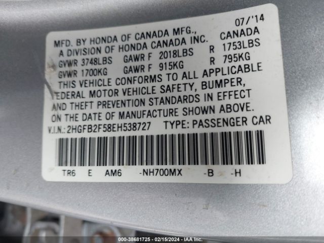 2HGFB2F58EH538727 Honda Civic Lx