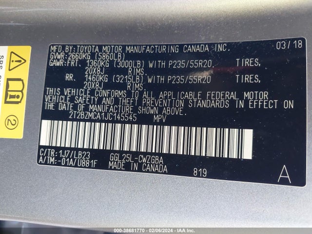 2T2BZMCA1JC145545 Lexus RX 350