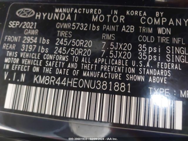 KM8R44HE0NU381881 Hyundai Palisade Sel