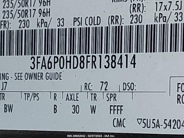2015 FORD FUSION SE VIN: 3FA6P0HD8FR138414