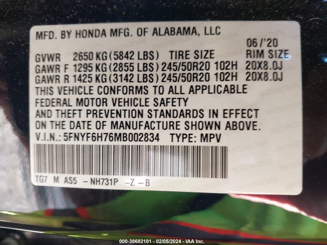 5FNYF6H76MB002834 Honda Pilot Awd Black Edition