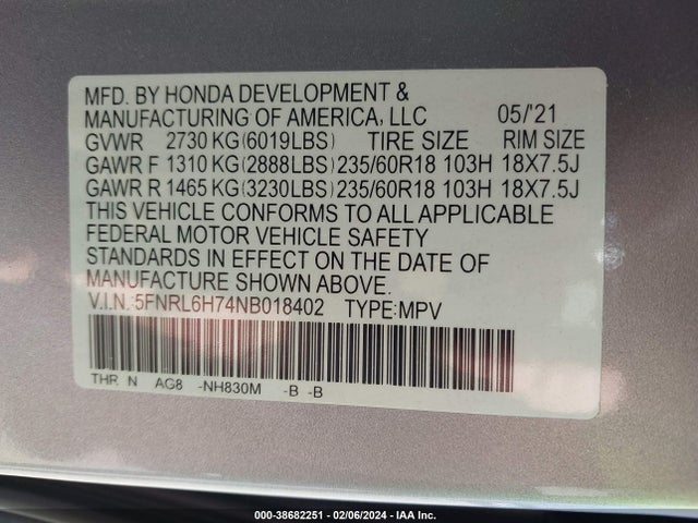 Honda Odyssey Ex-l 2022 5FNRL6H74NB018402 Image 9
