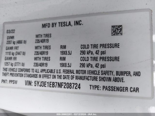 2022 TESLA MODEL 3 5YJ3E1EB7NF208724 Photo 8