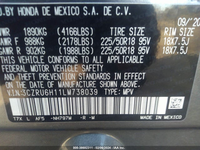 2020 HONDA HR-V AWD SPORT VIN: 3CZRU6H11LM738039