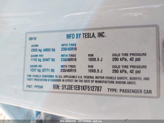 Tesla Model 3 Long Range/performance 2019 5YJ3E1EB1KF512787 Image 9
