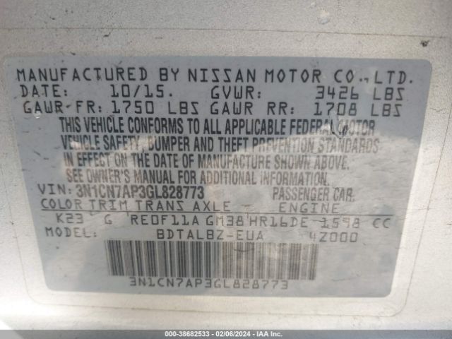 3N1CN7AP3GL828773 Nissan Versa 1.6 S/1.6 S+/1.6 Sl/1.6 Sv