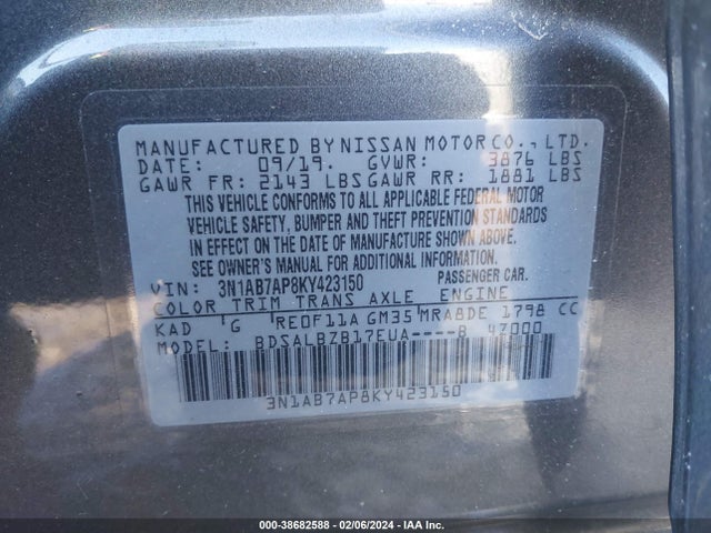 Nissan SENTRA S 2019 3N1AB7AP8KY423150 Image 9