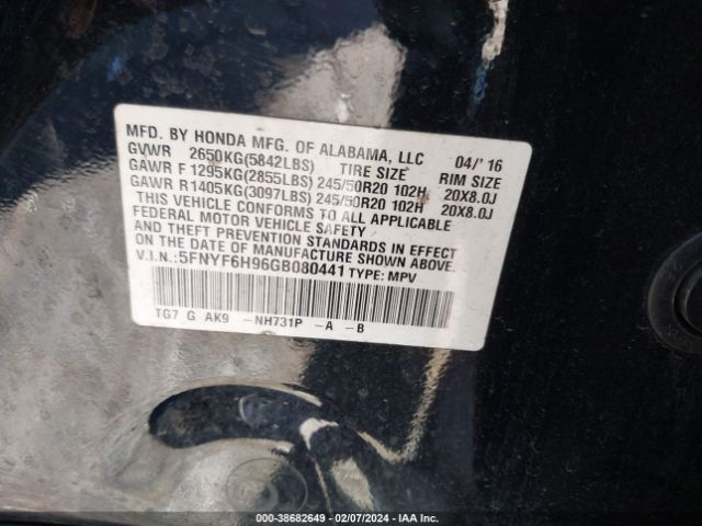 5FNYF6H96GB080441 Honda Pilot Touring