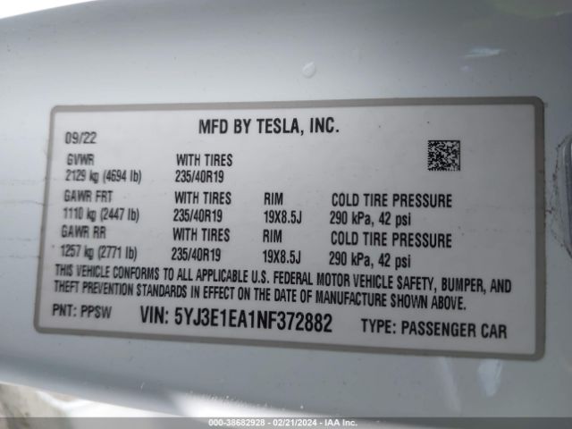 5YJ3E1EA1NF372882 Tesla Model 3 Rear-wheel Drive