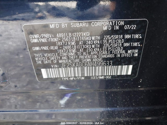 JF2SKAGC6NH499633 Subaru Forester Sport
