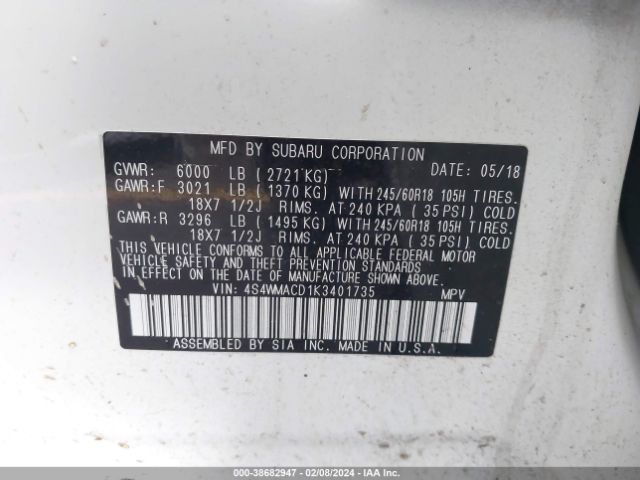 4S4WMACD1K3401735 Subaru Ascent Premium