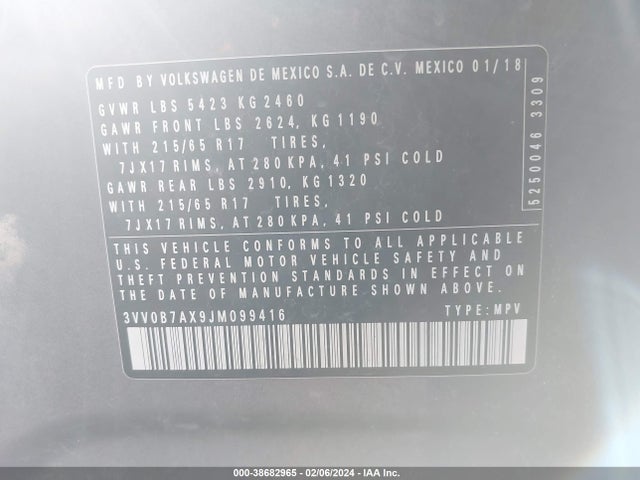 3VV0B7AX9JM099416 Volkswagen Tiguan 2.0t S