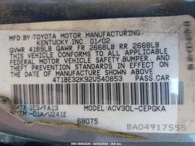 2002 TOYOTA CAMRY XLE VIN: 4T1BE32K92U540853